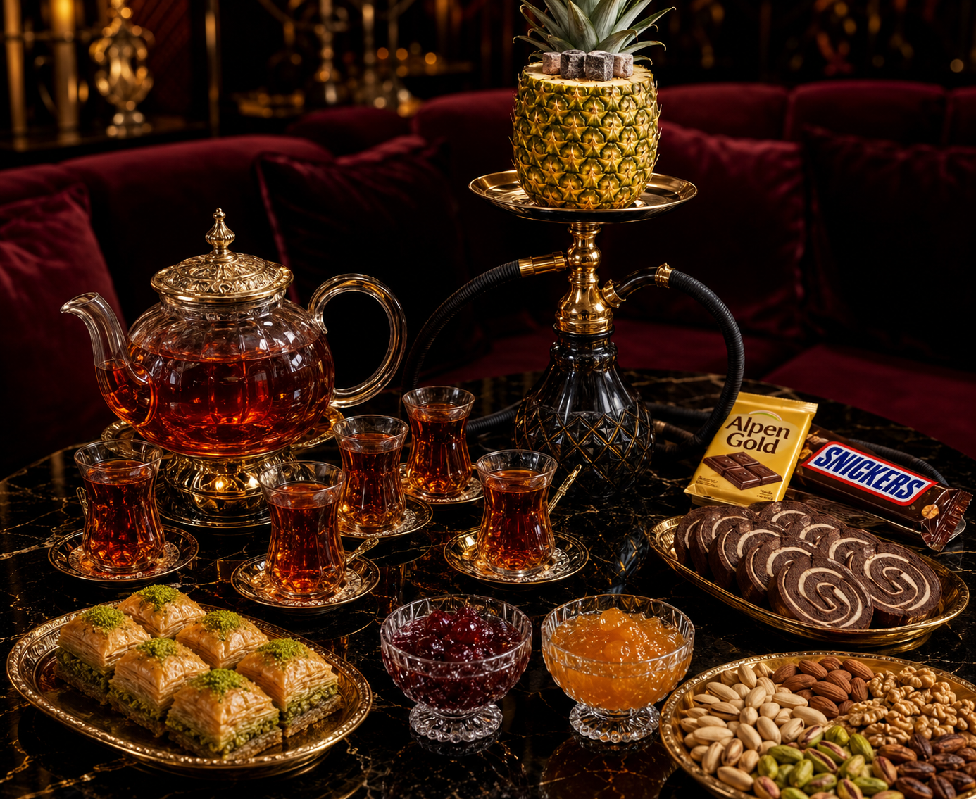 Limitsiz çay, şirniyyat, çərəz və ananas qəlyanı seti
